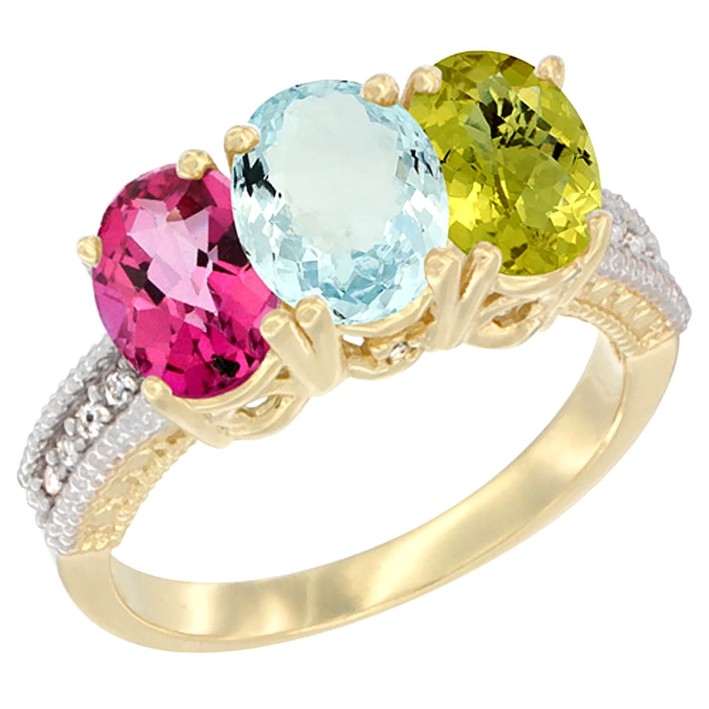 14K Yellow Gold Natural Pink Topaz, Aquamarine & Lemon Quartz Ring 3-Stone 7x5 mm Oval Diamond Accent, sizes 5 10 by WorldJewels