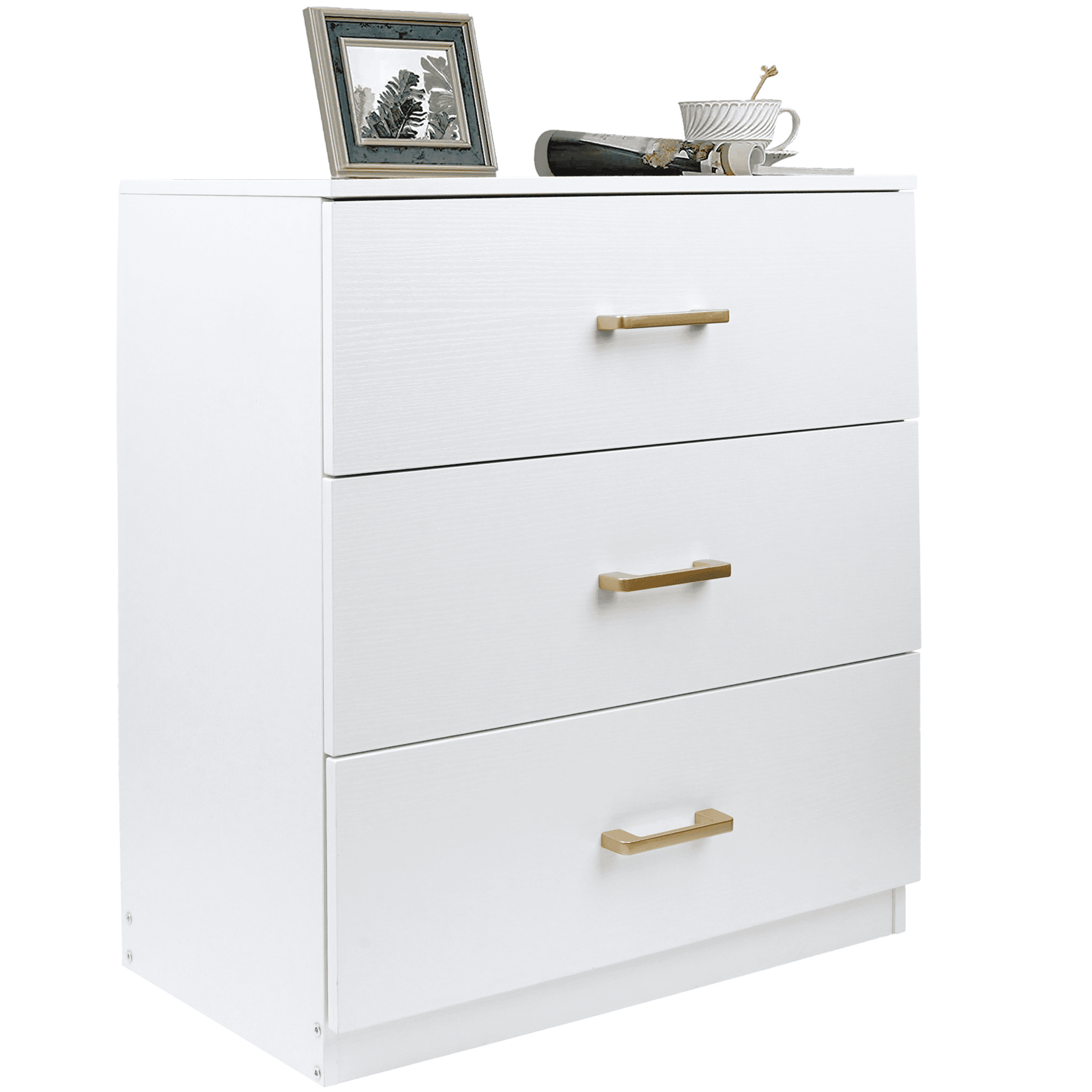 UHOMEPRO Nightstand, Modern 3 Drawer Nightstand, White Nightstand with Gold Handle, Wooden Bedside Storage Cabinet Unit for Bedroom/Small Space
