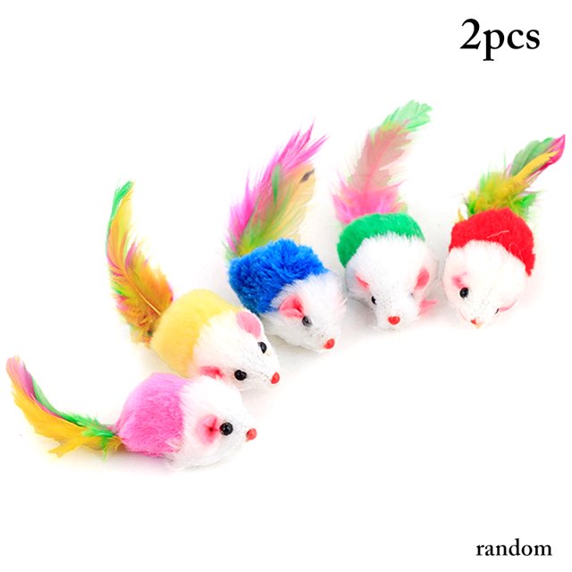 2PCS Cat Mouse Toy Interactive Plush Feather Cat Toy Cat Chew Toy Cat Sound Toy. This set includes two mouse-shaped toys made of plush and faux feather material, featuring bright colors, feather tails, and sound elements to engage cats. Each toy measures 10cm (3.94in) in total length, with a body size of 4.5cm by 2.5cm (1.77in by 0.98in). Ideal for indoor or outdoor play, these toys help reduce boredom and encourage activity for a healthy lifestyle. Colors are random.