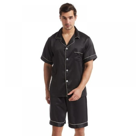 

Men s Summer Lapel Solid Color Pajamas Matte Satin Short-sleeved Casual Plus Size Home Service Suit Black L