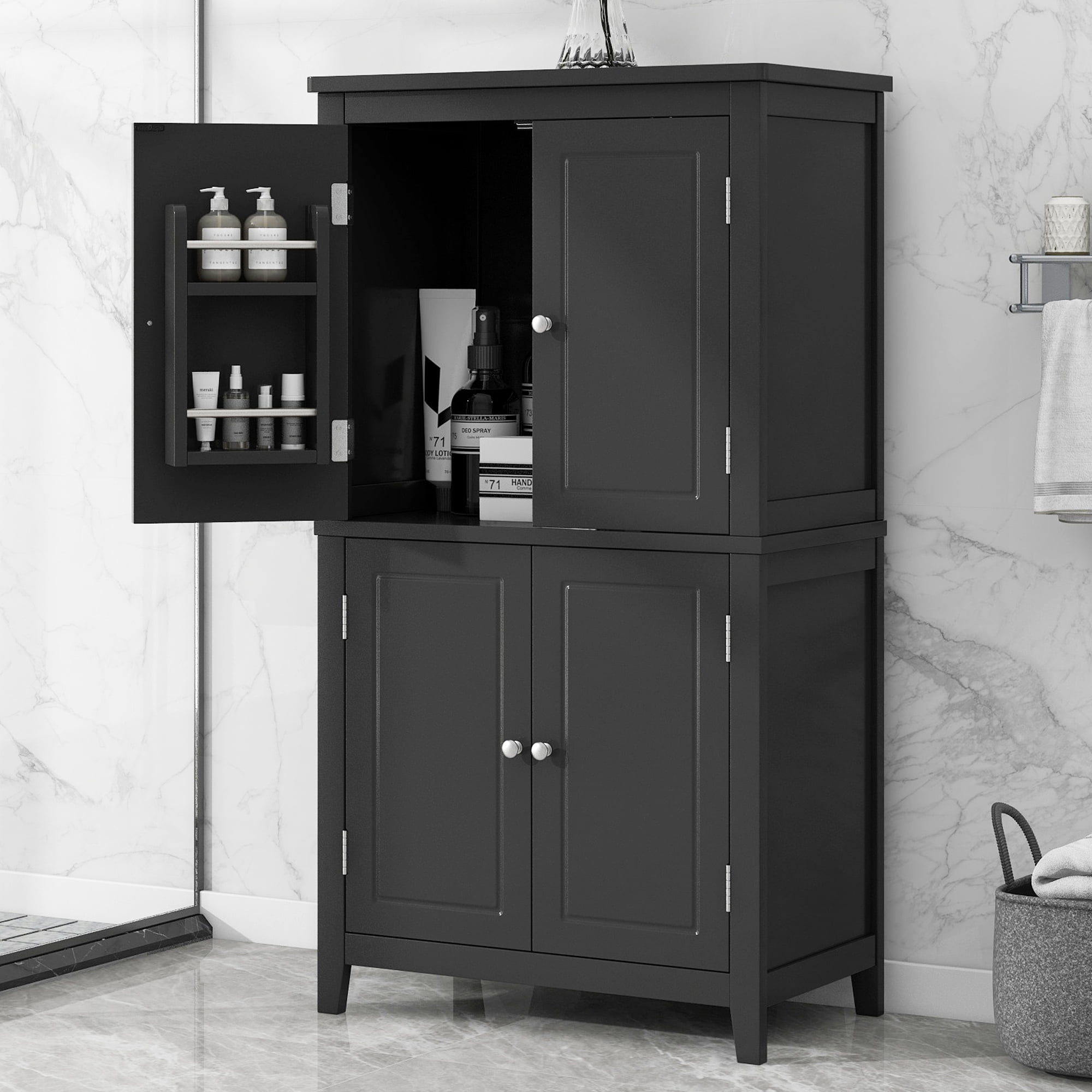 EUROCO Bathroom Floor Storage Cabinet,Bathroom Storage Unit,Freestanding Cabinet with 4 Doors,Adjustable Shelves,Adaptable Shelves,11.8 x 23.6 x 43.3 Inches,Black