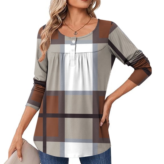 Guieoi Tops for Women Plus Size Womens 2025 Trendy Printing Casual Round Neck Long Sleeve Button Loose T-shirt Top Brown Black*Friday/Cyber*Monday