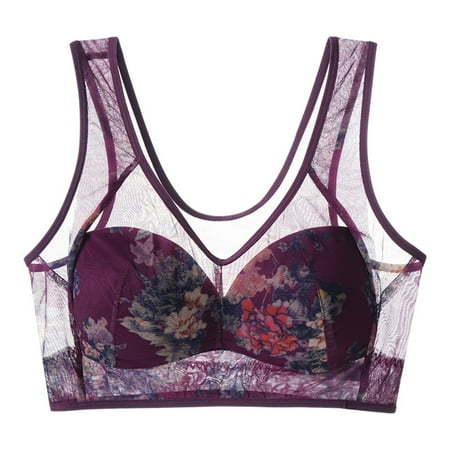 Mnyycxen Womens Seamless Wireless Bras Sheer Lace Floral Printed Sagging Push Up Bras Comfortable Breathable Underwear