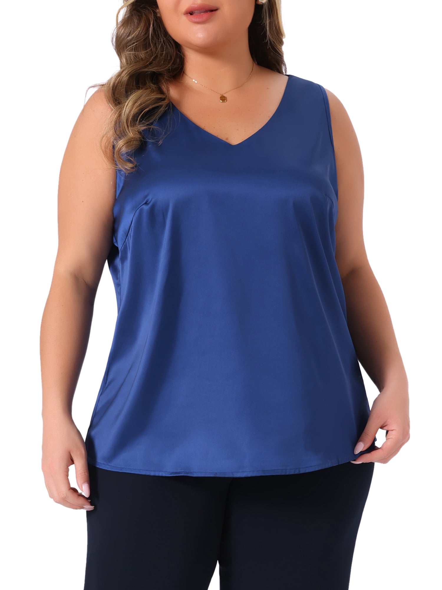 DARING DIVA Women's Plus Casual Silk Satin Tank Top V Neck Cami Blouse 4X Navy Blue