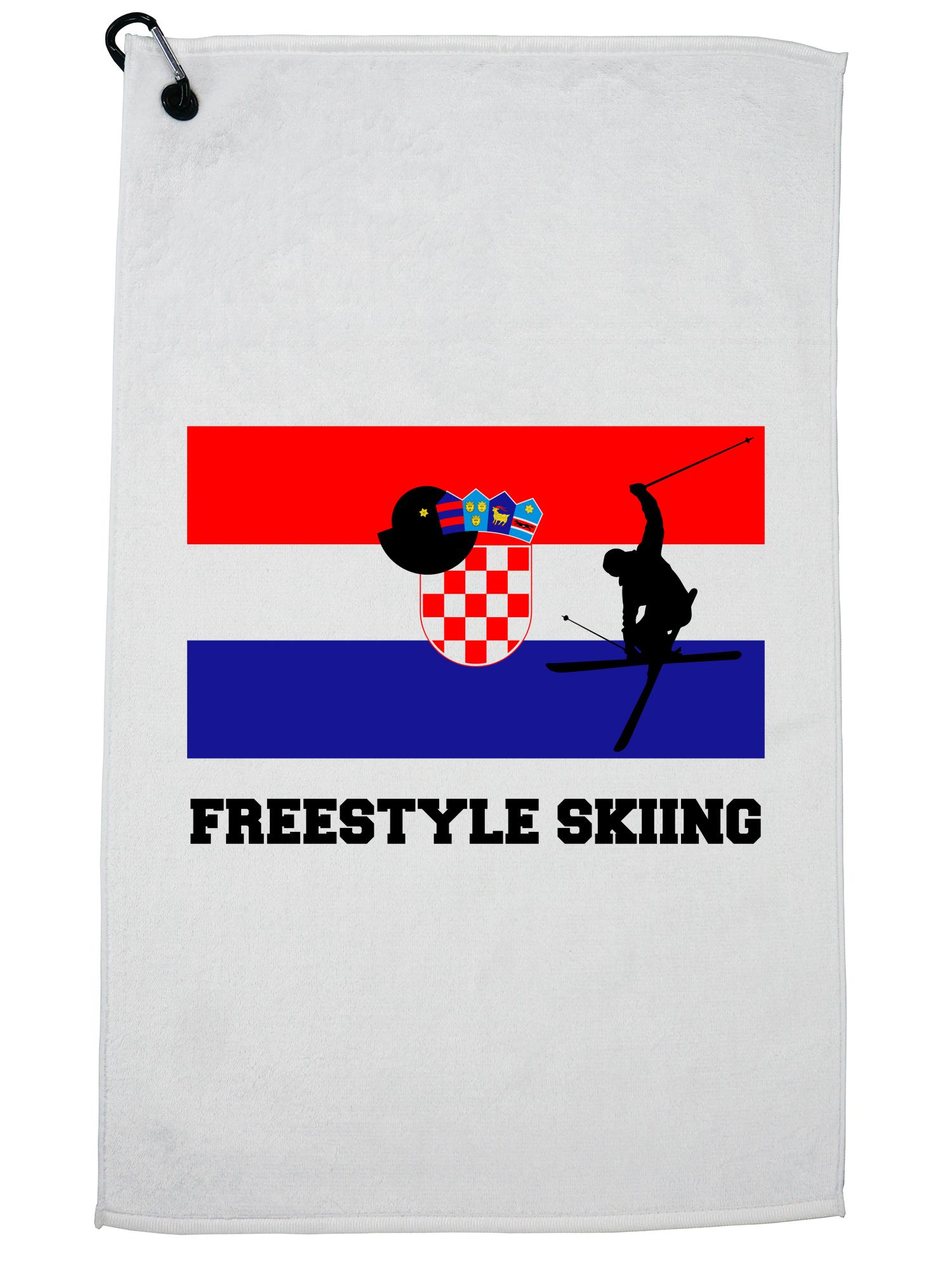 Croatia Olympic Freestyle Skiing Flag Silhouette Golf Towel with Carabiner Clip by Hollywood Thread