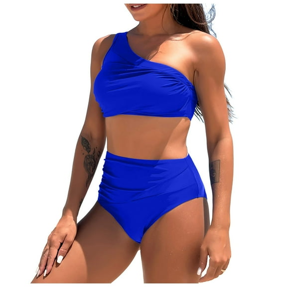 COMVALUE Women One Shoulder High Waisted Bikini Set Two Piece Tummy Control Swimsuits Full Coverage Bathing Suit (Blue, M)