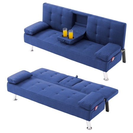 BSHTI 69.49" Convertible Futon Sofa Bed with Drop-Down Console & 2 Cup Holders, 5-Position Adjustable Backrest, Side Storage Pocket, Futon Couches for Living Roon, Small Spaces,Navy Blue