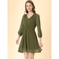 thumbnail image 3 of Vestido De Gasa Fluido Sólido Con Cintura Elástica Con Cuello En V Y Manga 3/4 Para Mujer Marrón verde XL, 3 of 6
