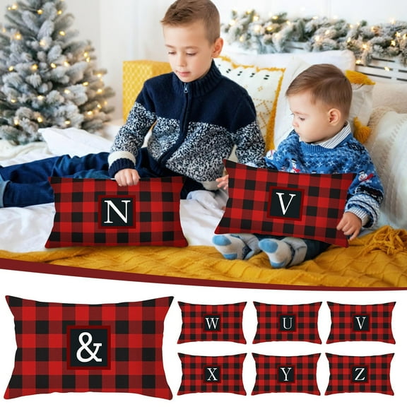 Christmas Pillow Cover, 12 x 20 Inch Initial Last Name Red Buffalo Plaid Christmas Lumbar Throw Pillows Decorative Pillowcases for Indoor Outdoor Xmas Home Decor for Sofa Bed Car Chair