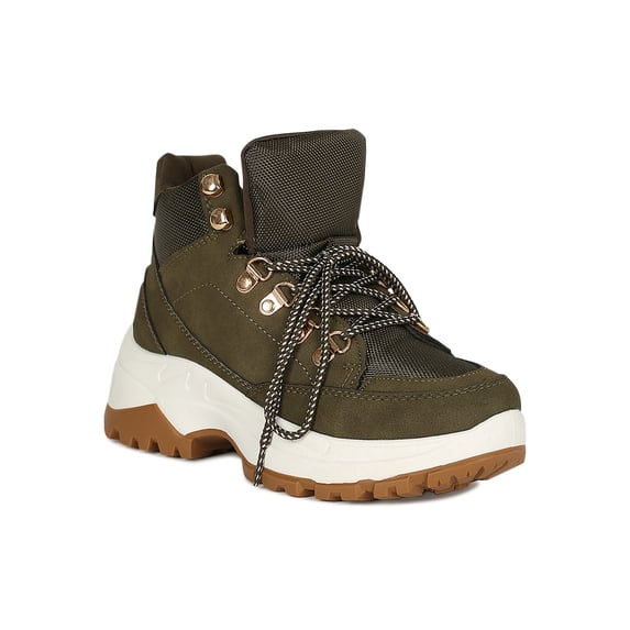 Women Leatherette D-Ring Lace Up Lug Sole Flatform Sneaker 18626