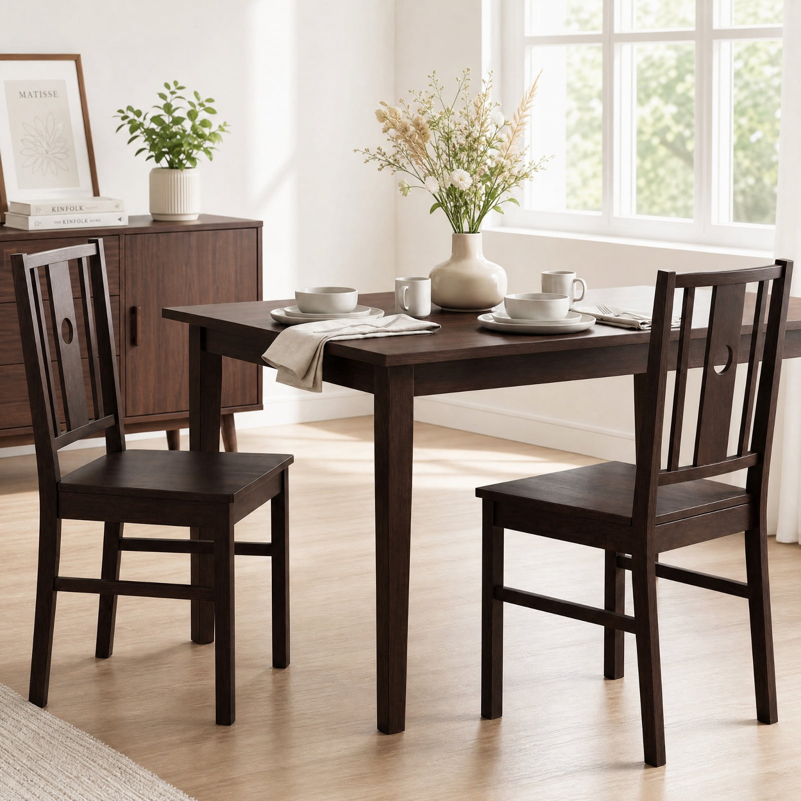 Furnibear Set of 2 Solid Rubber Wood Kitchen Chairs with Slatted Curved Backrest and Wide Seat for Dining Room and Kitchen, Coffee