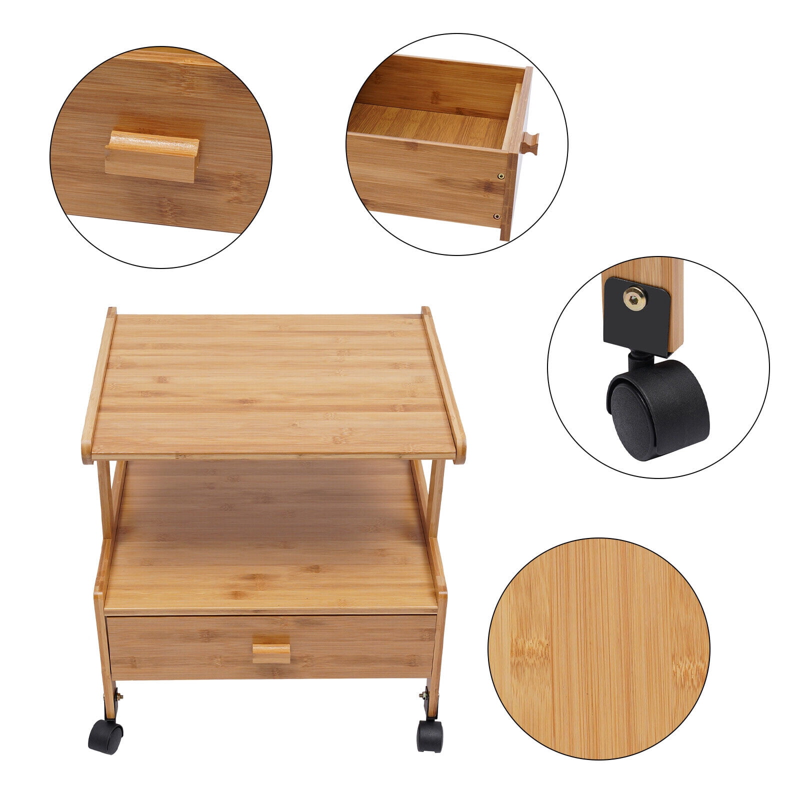 Mobile Printer Stand, Log Color, 2 Tiers Bamboo Printer Shelf with Wheels for Office