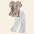 thumbnail image 2 of Holzkary Linen Sets for Women 2 Piece Embroidered Set Casual Loose Fit Outfit 2 Piece Outfits Sets Short Sleeve Shirts and Elastic Waist Long Pants Summer Casual Vacation Loungewear Brown L, 2 of 5