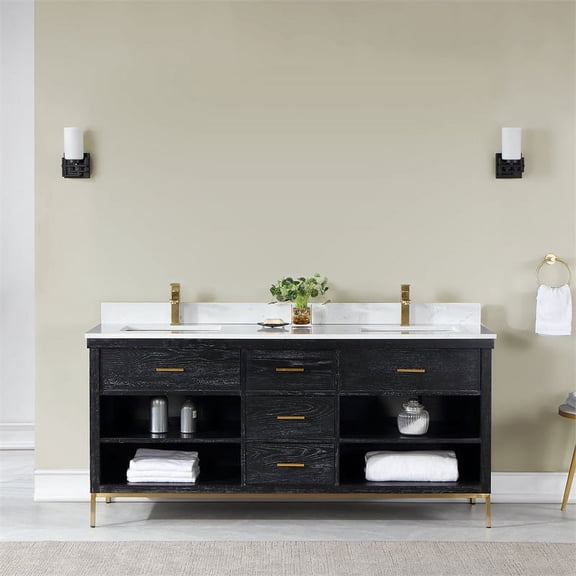 Kesia 72" Double Bathroom Vanity Set in Black Oak with Aosta White Composite Stone Countertop without Mirror