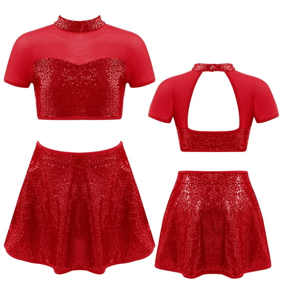 iiniim Kids Girls 2Pcs Sequins Jazz Latin Tango Dance Outfit Short Sleeve Crop Top with Skirt Set 4-14 A Red 12
