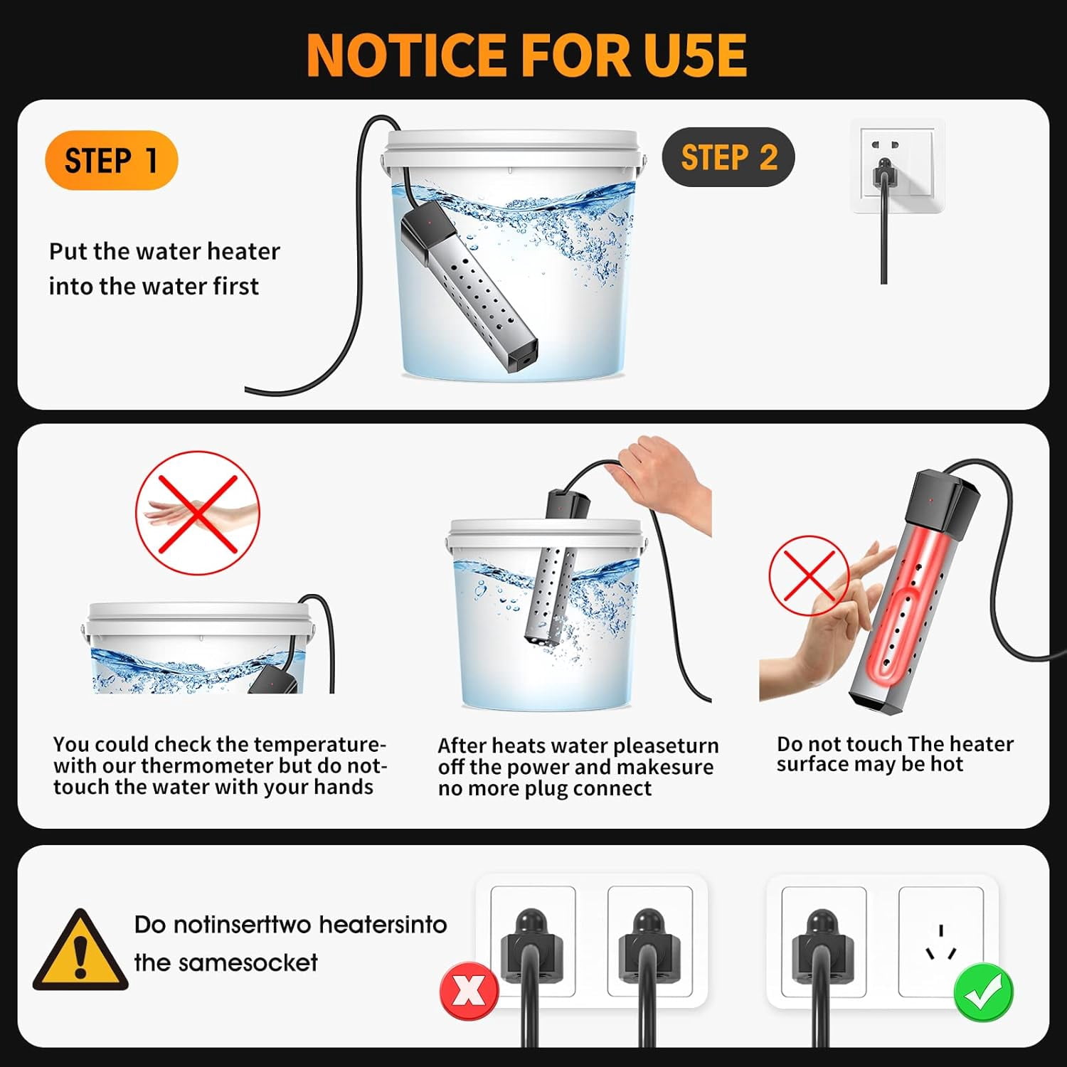 Portable Immersion Water Heater, 2000W, Stainless Steel, Above Ground Pool Heater with Digital LCD Thermometer