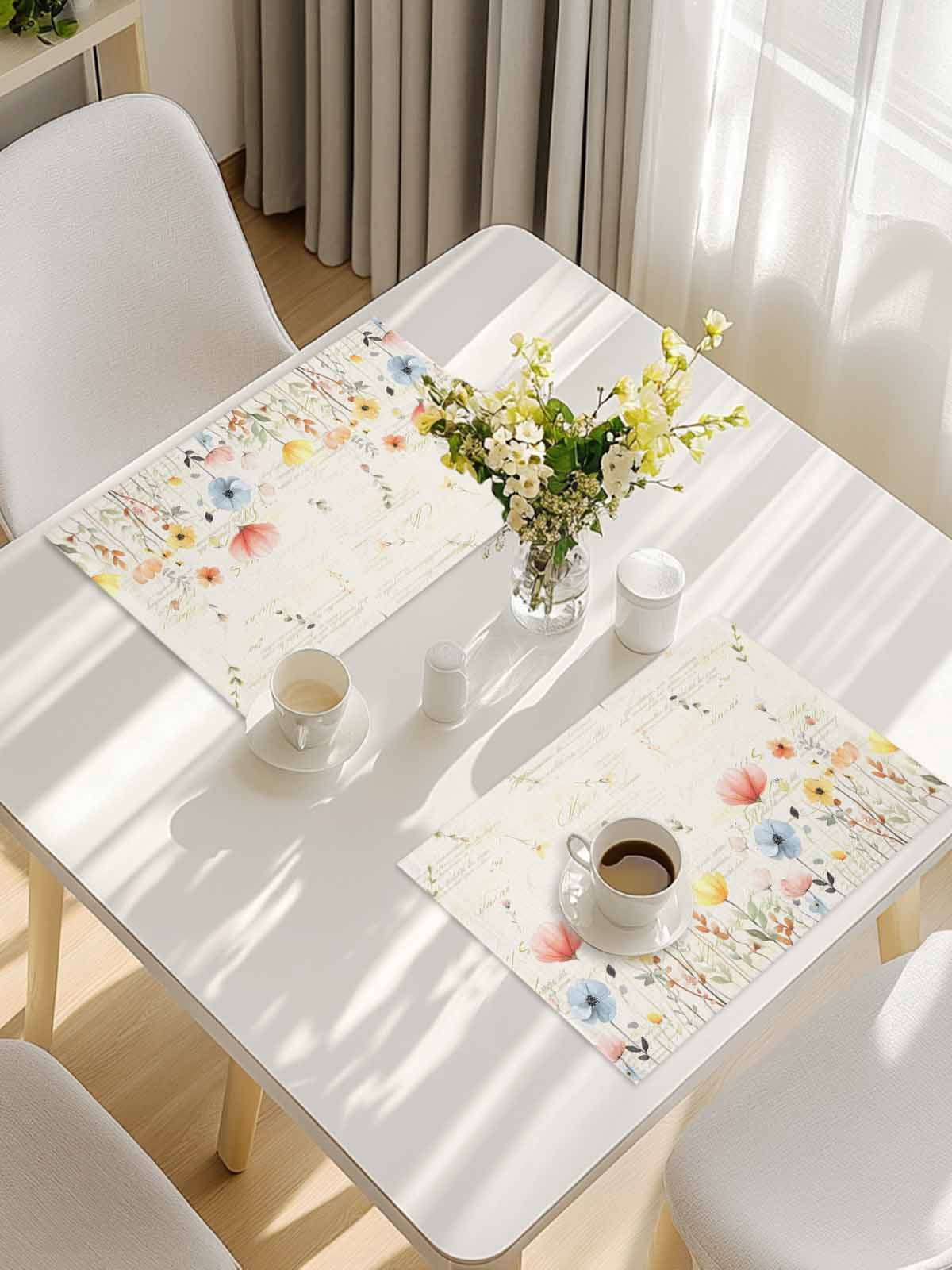 Watercolor Wildflowers Placemats Set of 6, Farmhouse Country Botanical Flowers Placemats for Dining Table, Place Mats for Kitchen Tabletop, Waterproof Wipeable Dining Table Mats Set