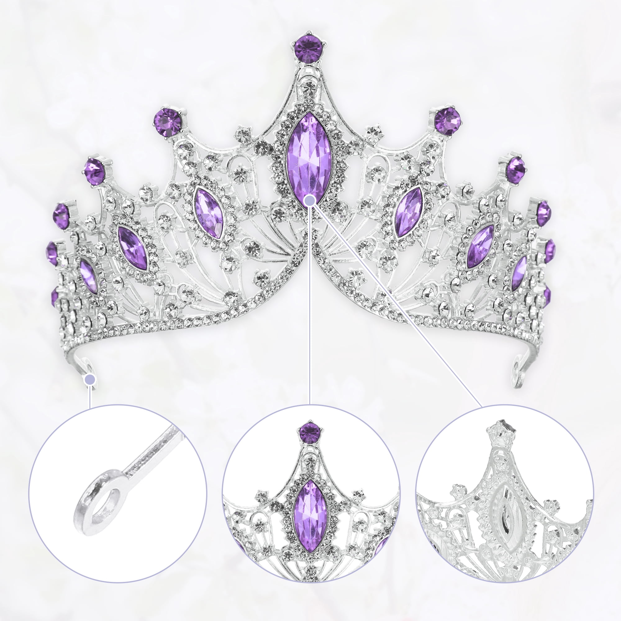 Unique Bargains Faux Crystal Queen Crowns Tiara for Women Silver Tone Purple