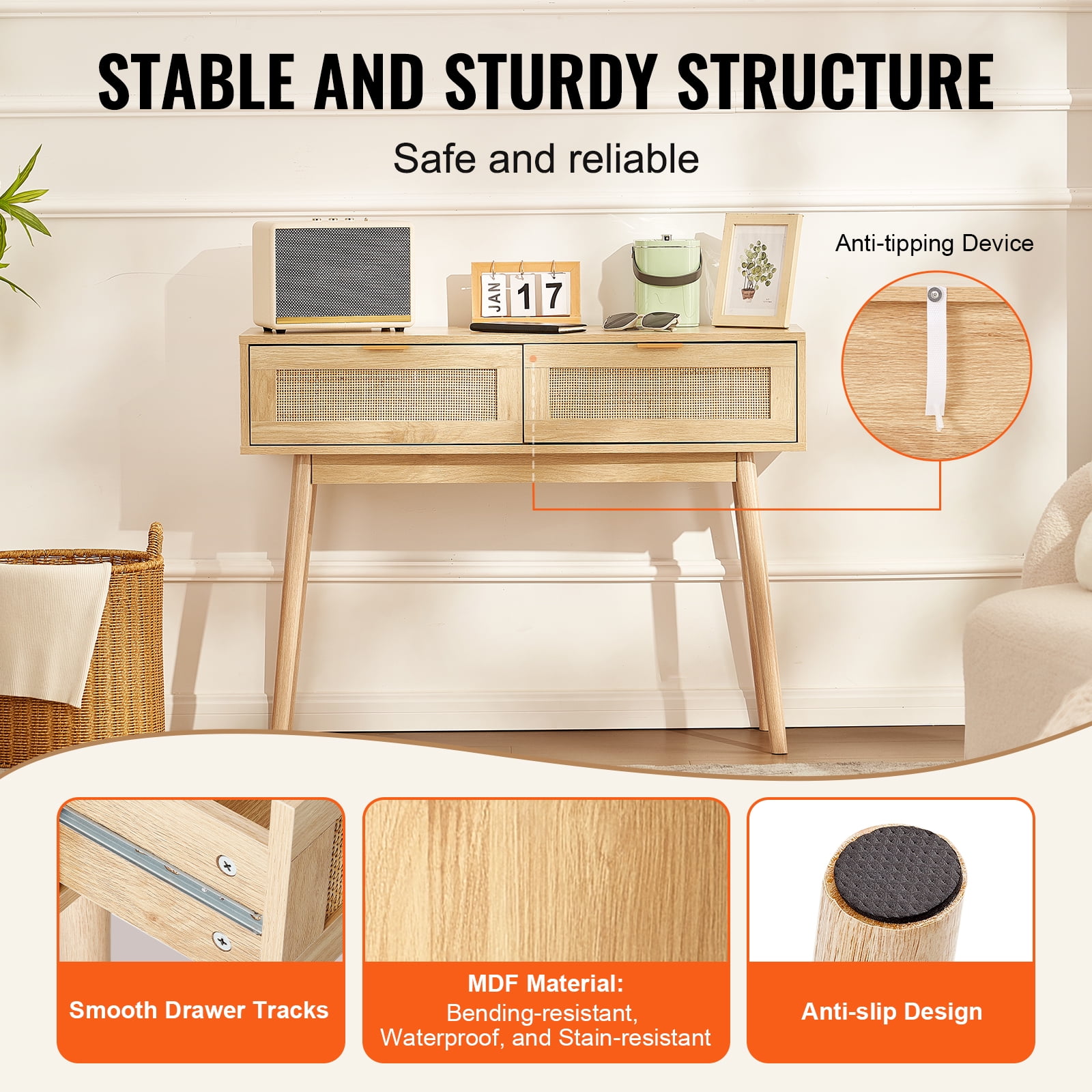 VEVOR Rattan Console Table with 2 Storage Drawers, Rattan Entryway Table with Natural Rattan Sliding Door, Console Sofa Table for Living Room, Study, Entryway Or TV Wall, Natural