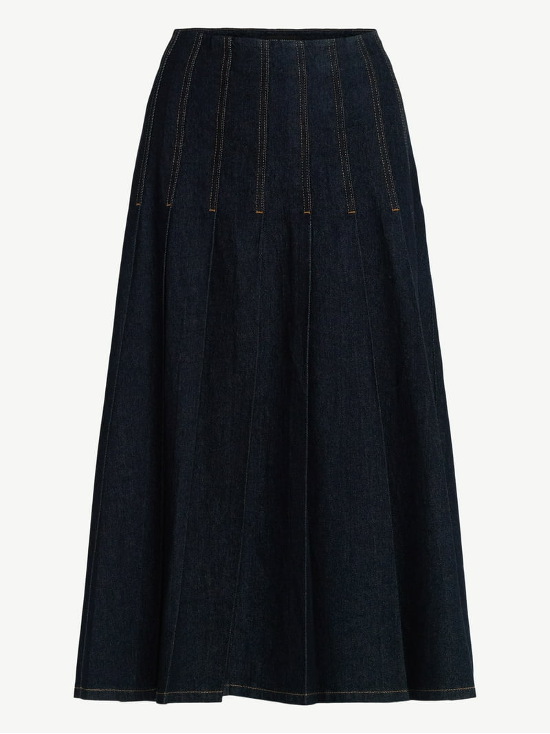 Free Assembly Women's and Women's Plus Stitch Pleated Denim Maxi