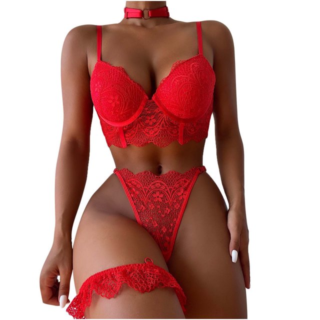Sujetador de lencería de malla exquisita para mujer + liga + calzoncillos + Choke Set Babydoll ropa de dormir recortada Fridja nalpqowj38672
