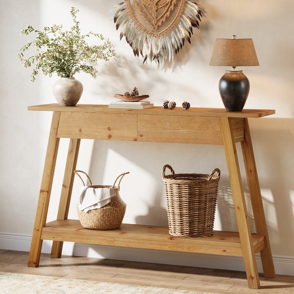 Finmind Solid Wood Console Table with Storage, 43.31 inch Entryway Table with 2 Drawers, 2-Tier Wood Sofa Table for Hallway, Living Room, Wood Color