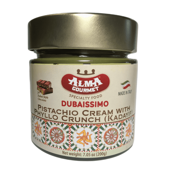 Alma Gourmet Dubaissimo Pistachio Cream with Kadayif – Dubai Style Dessert Spread with Crunchy Kadayif, Italian Sweet Spread, 7.05 oz (200g)