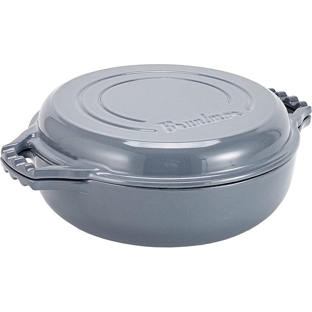 2in1 Enameled Cast Iron Cocotte Double Braiser Pan with Grill Lid 3.3 Quarts Barbecue Grill
