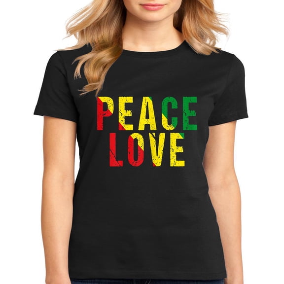 Women's T-shirt Peace Love Tee Rasta Jamaican Reggae Casual Short Sleeve Tops Black 2X-Large