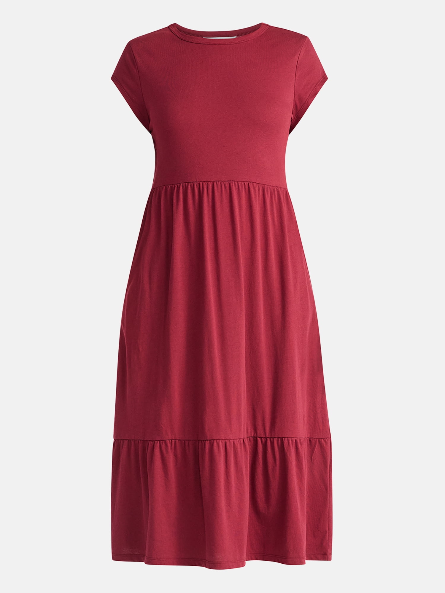 Time And Tru Women's Tiered Cotton Midi Dress with Short Sleeves, Sizes XS-XXXL