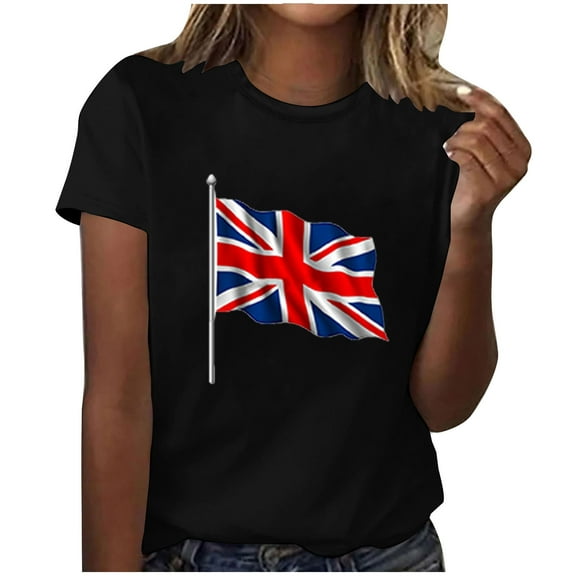 WREESH Womens Basic Graphic Tees Great Britain Uk Flag T-Shirts Fashion Printed Crewneck Short Sleeved Casual Top Shirt Black