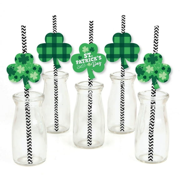 Big Dot of Happiness Shamrock St. Patrick's Day - Paper Straw Decor - Saint Paddy's Day Party Striped Decorative Straws - Set of 24