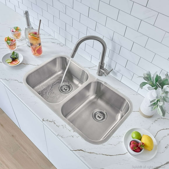STYLISH 32 inch Double Bowl Undermount and Drop-in Stainless Steel Kitchen Sink