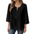 thumbnail image 2 of 3/4 Length Sleeve Womens Tops 2026 Spring Summer Cotton Linen V Neck Lace Oversized Boho T Shirts Blouse, 2 of 6