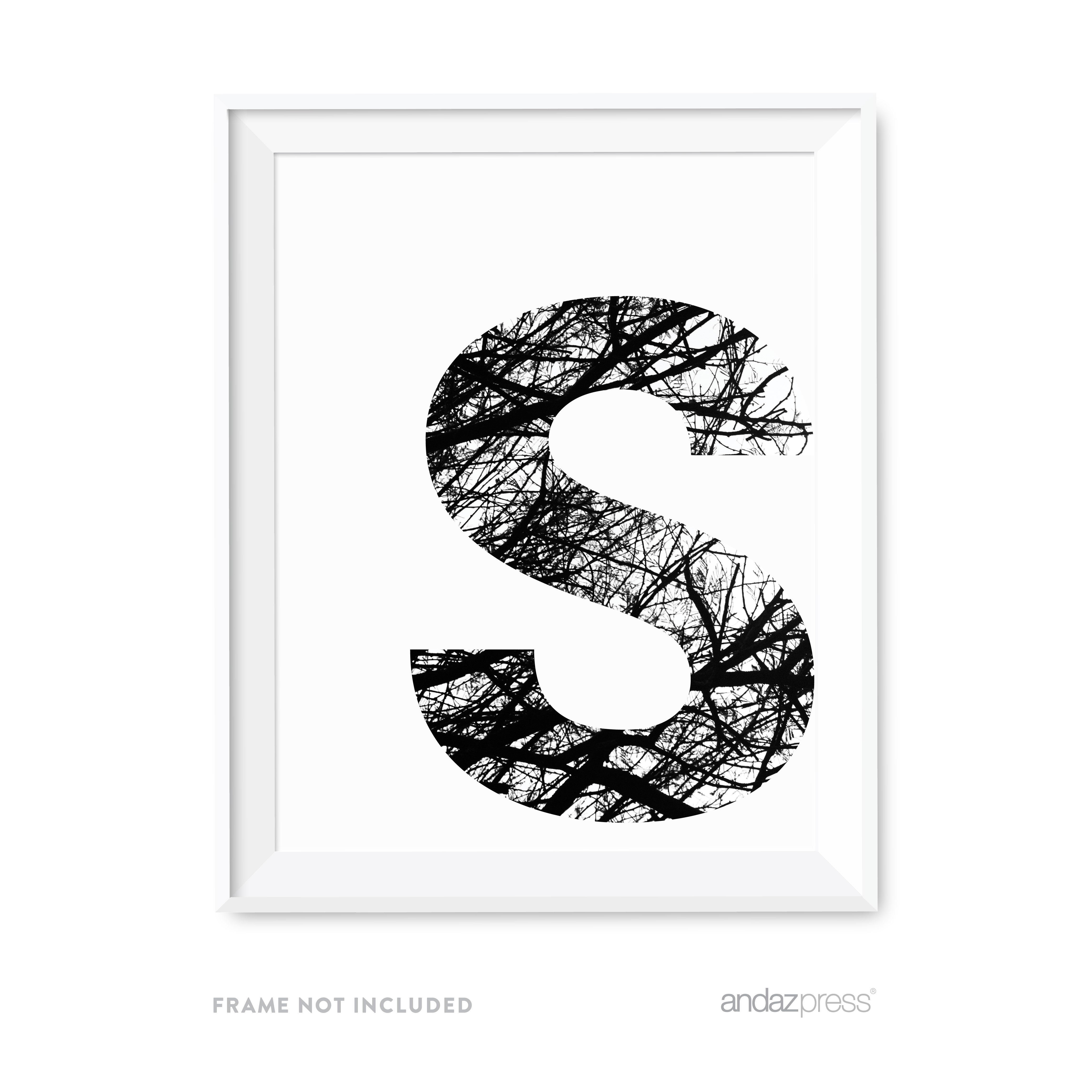 S Monogram Wall Art Letters, Black and White Tree Branches