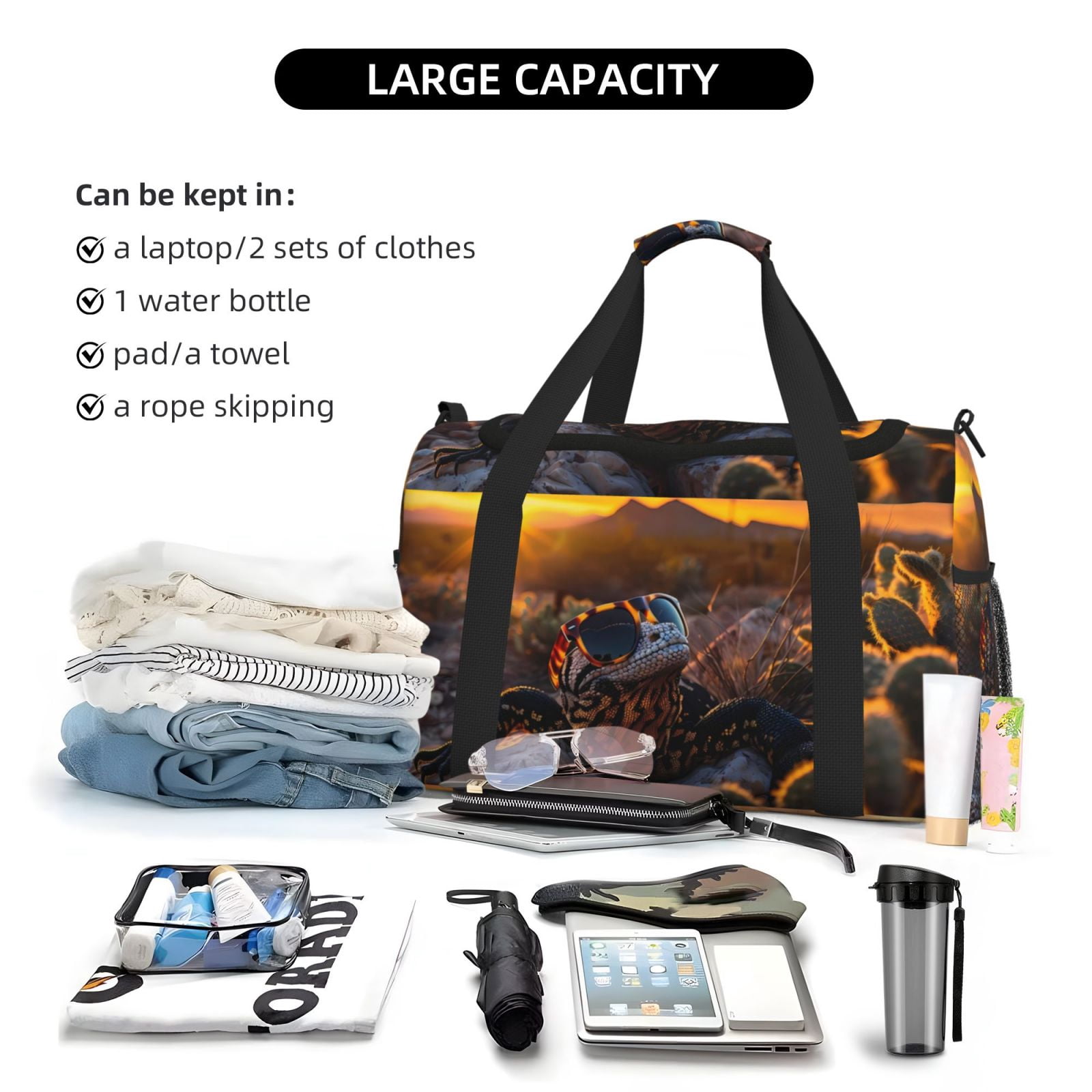 Fuzoiu Lizard With Sunglasses Sunset Print Travel Duffle Bag,Carry On Tote Bags,Duffel Bag,Sport Gym Bag, Hospital Bag for Labor and Delivery, Overnight Bag,Luggage Bag
