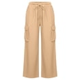 thumbnail image 7 of Bloomae Women Imitation Denim Cargo Pants Loose Wide Leg Casual Palazzo Pants Lightweight Drawstring Elastic Waist Comfy Lounge Beach Summer Trousers with Multi-Pockets Beige XXL, 7 of 7