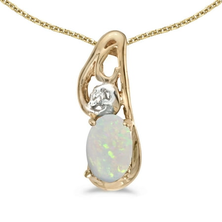 10k Yellow Gold Oval Opal And Diamond Pendant with 18" Chain