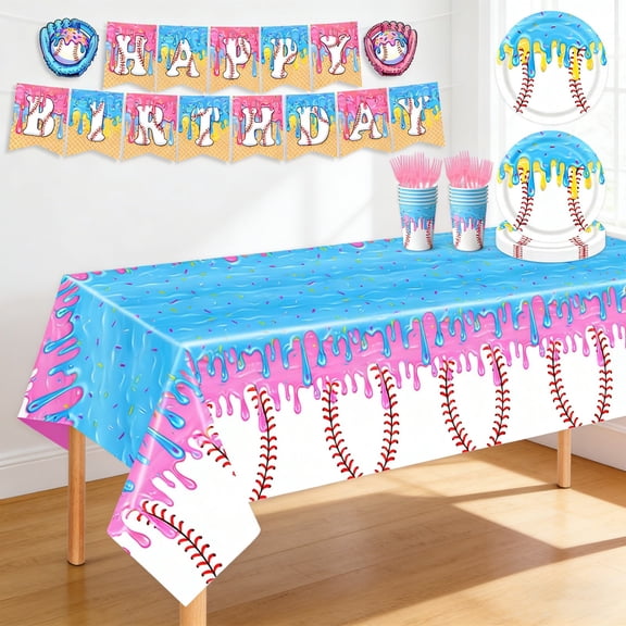 Upgraded Ice Cream Baseball Party Supplies Set Party Tableware For 10 Guests Includes Cups Plates Napkins Banners Tablecloth And Forks B