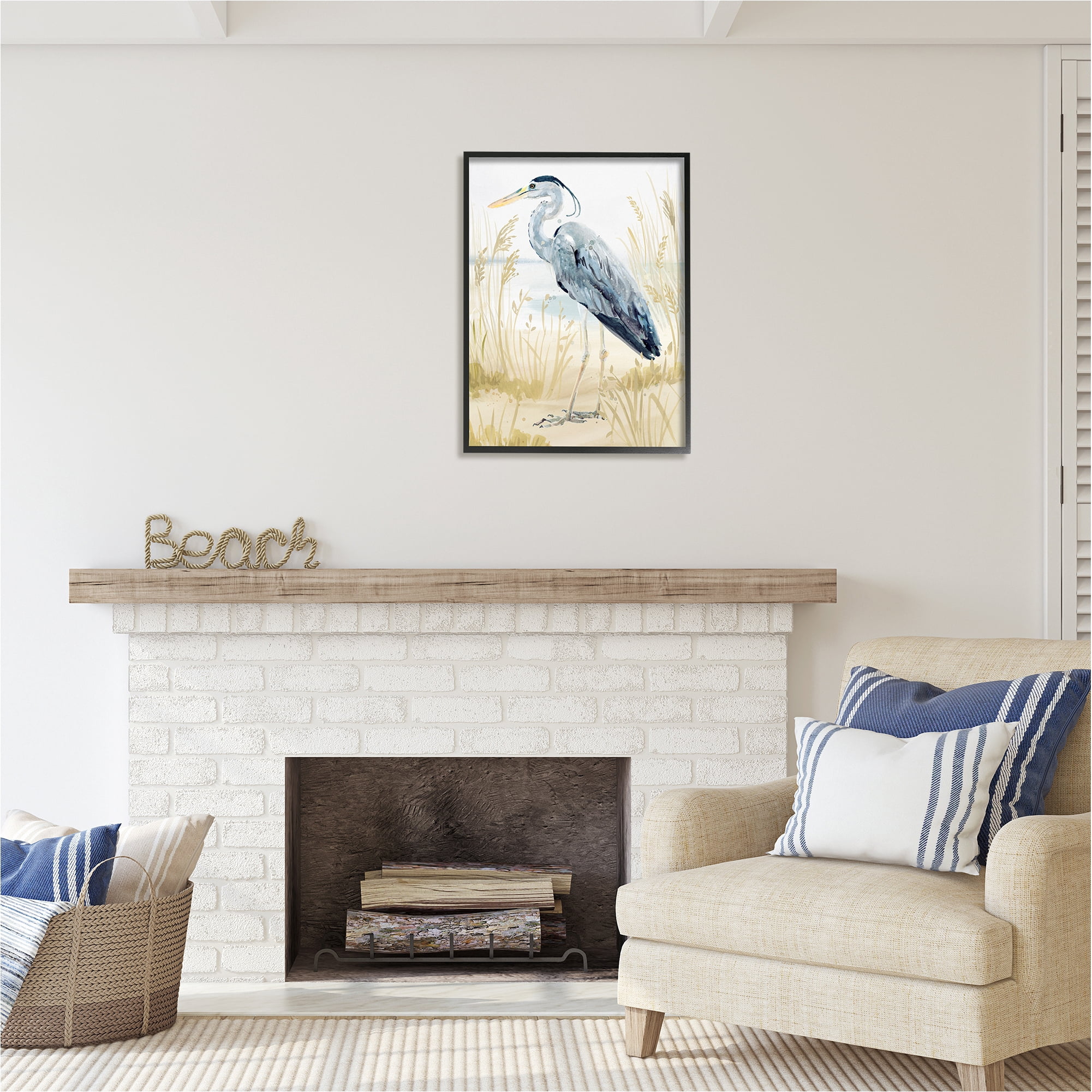 Stupell Industries Heron & Beach Grass Animals & Insects Painting Black Framed Art Print Wall Art, 24 x 30