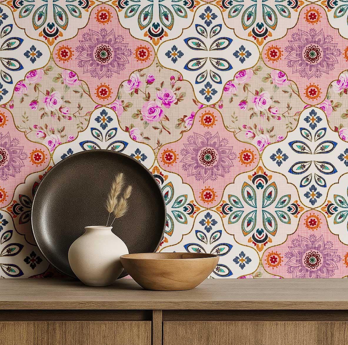 S4sassy Self Adhesive Wallpaper, Geometric Wallpaper, Pink Removable DIY Tile Pattern Wall Covering, Textured Peel and Stick Contact Paper for Entryway Accent Walls, Kitchen Backsplash (25"x60")