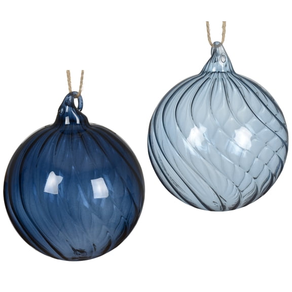 Blue Glass Ornaments - Beach Coastal Décor Swirls, Set of 2 Blown Glass Christmas Holiday Decorations