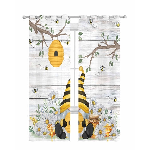 Yellow Gnomes Sheer Curtains 84 Inch Length 2 Panels Set for Living Room/Bedroom, Spring Floral Bees Daisy Branches Wooden Kitchen Curtains Grommet Semi-Sheer Curtains Window Treatments 42"x84"x2