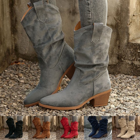 Pandaie Women’s Western Slouchy Boots Soft Suede Pull on Wide Mid Calf Boots Cowboy Cowgirl Low Heel Fall Winter Casual Dress Boots Size 6‑10.5