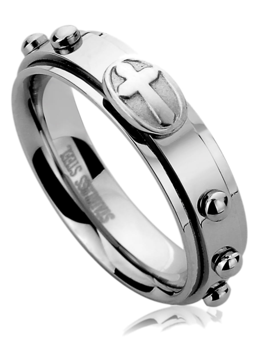 Double Accent 6MM Stainless Steel Cross Rosary Spinner Praying Ring