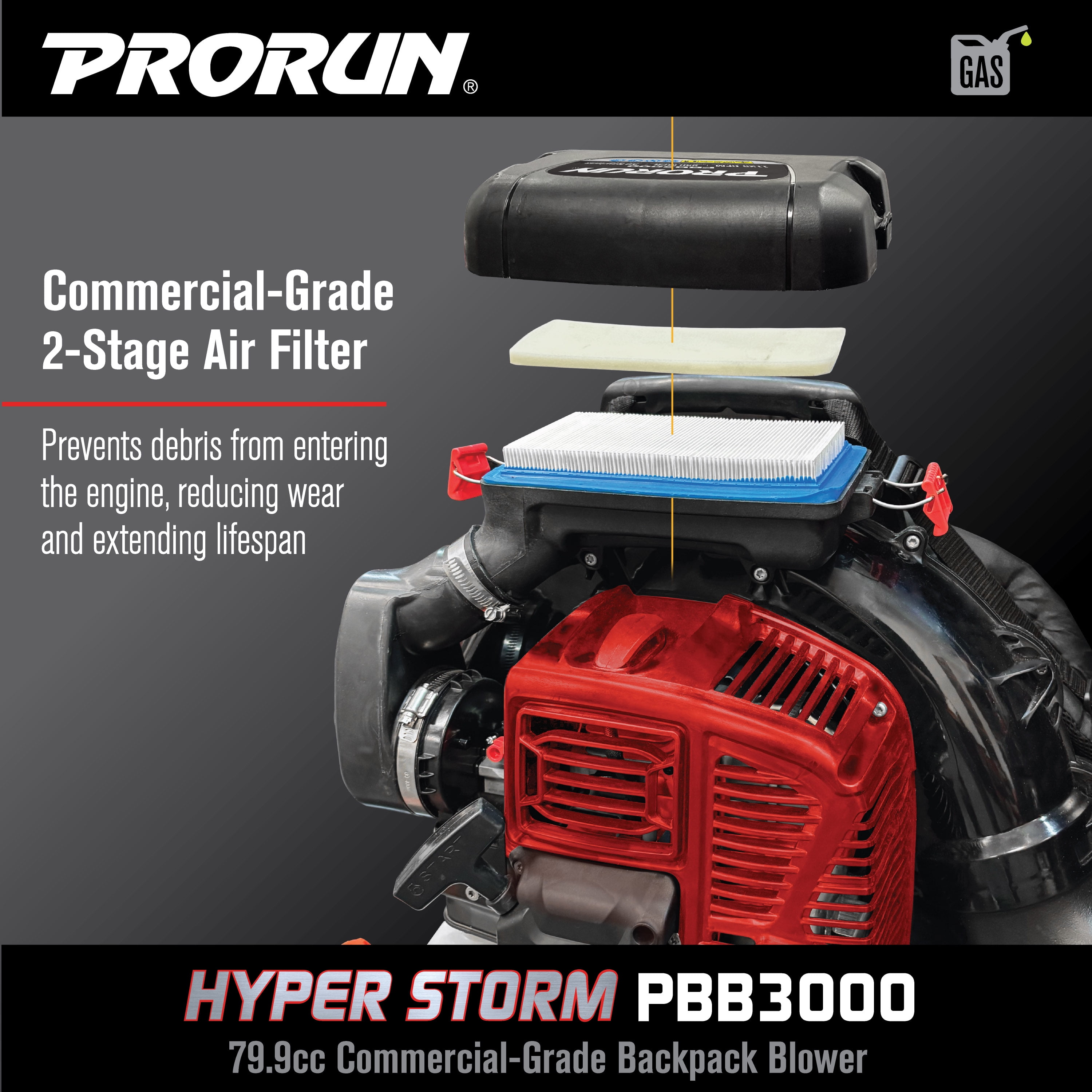 PRORUN PBB3000 Gas Backpack Leaf Blower, 79.9cc Commercial-Grade, 250 MPH, 1125 CFM