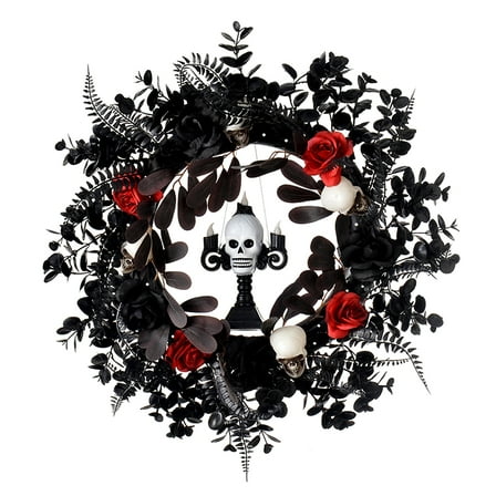 ASKETAM Halloween Wreath 19" , Skull & Red Rose, Adjustable, For Doors & Walls