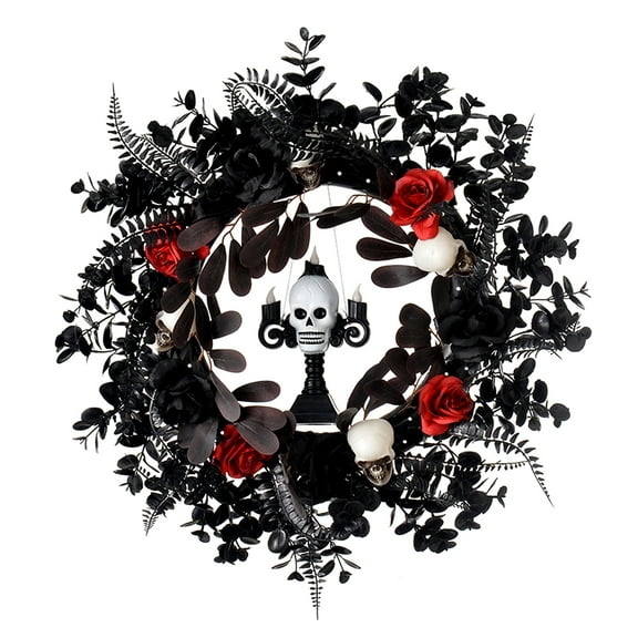 ASKETAM Halloween Wreath 19" , Skull & Red Rose, Adjustable, For Doors & Walls