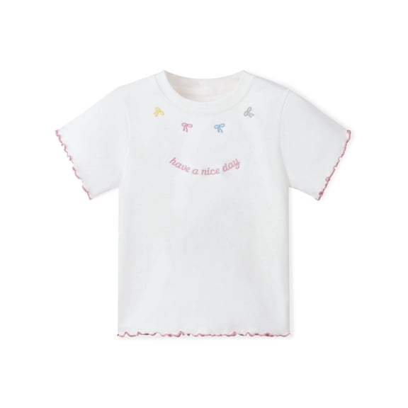 NIPAXO Girls T-Shirt Embroidery Cotton Blend Short Sleeve Lettuce Trim Bow Graphic Tee for Girls, White, Sizes 4-5Y