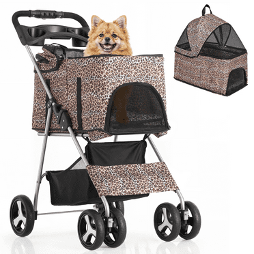 Foldable Cat Puppy Stroller w/Cup Holder & Storage Basket 4 Wheels Pet Stroller
